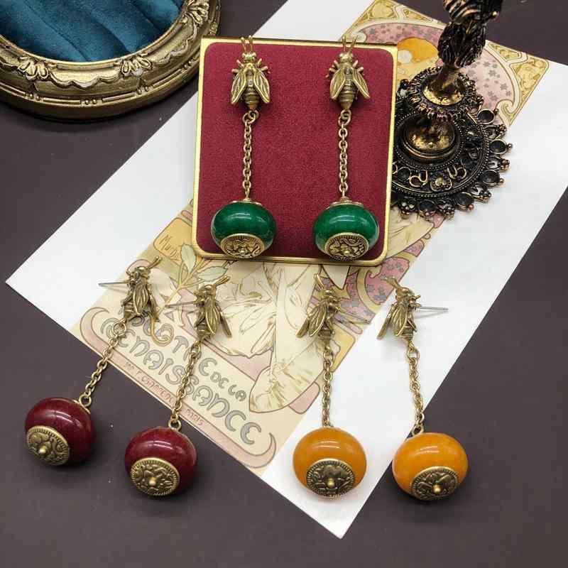 耳飾り レディース 女性用 瑪瑙 メノウ 流蘇 タッセル 蜜蜂 ミツバチ ブローチ ドロップ スイープショルダー 新中国スタイル レトロ ヴィンテージ調 銅(4.0)