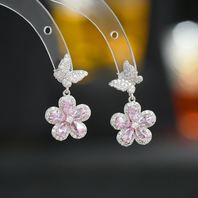 ピアス レディース S925シルバー ジルコニア バタフライ フラワー 花びら ドロップピアス イヤリング シルバー ゴールド 電気メッキ加工 高級感 揺れる 普段使い かわいい 上品 エレガント(4.0)