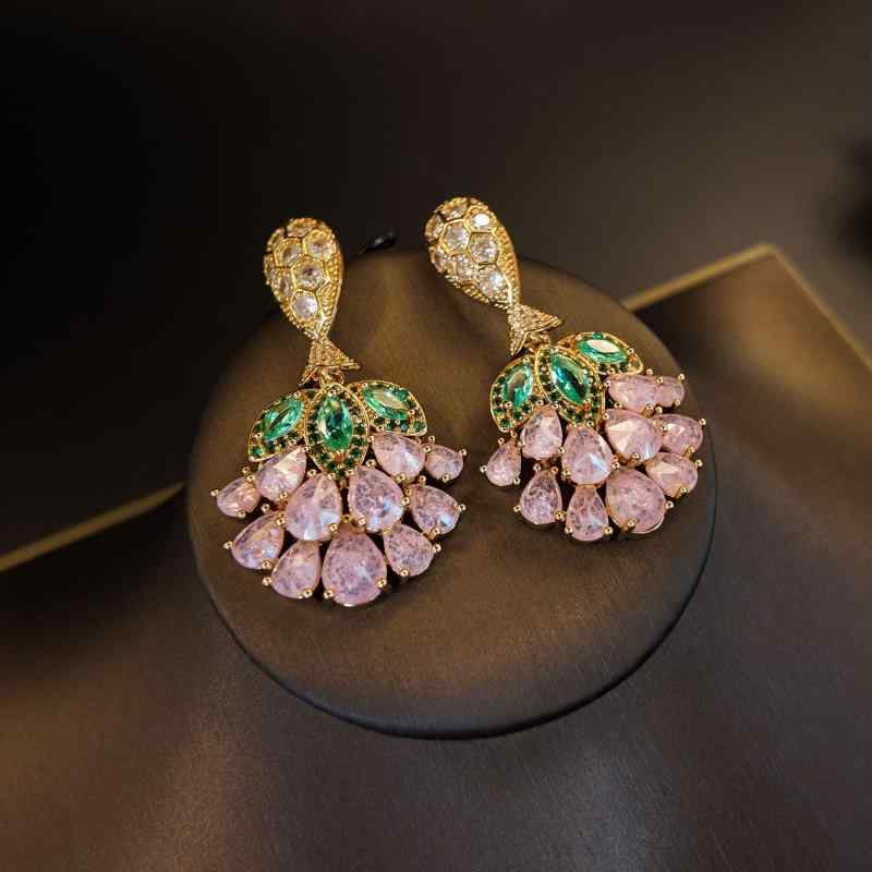 ピアス レディース 高級感 真鍮 ジルコニア グリーン リーフ ピンク ドロップ 花びら 扇形 フラワー レトロ ファッション アクセサリー