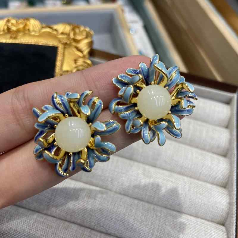 イヤリング レディース 女性用 法式复古 エナメル ドロップオイル ブルー フラワー 天然 白玉石 シルバー925