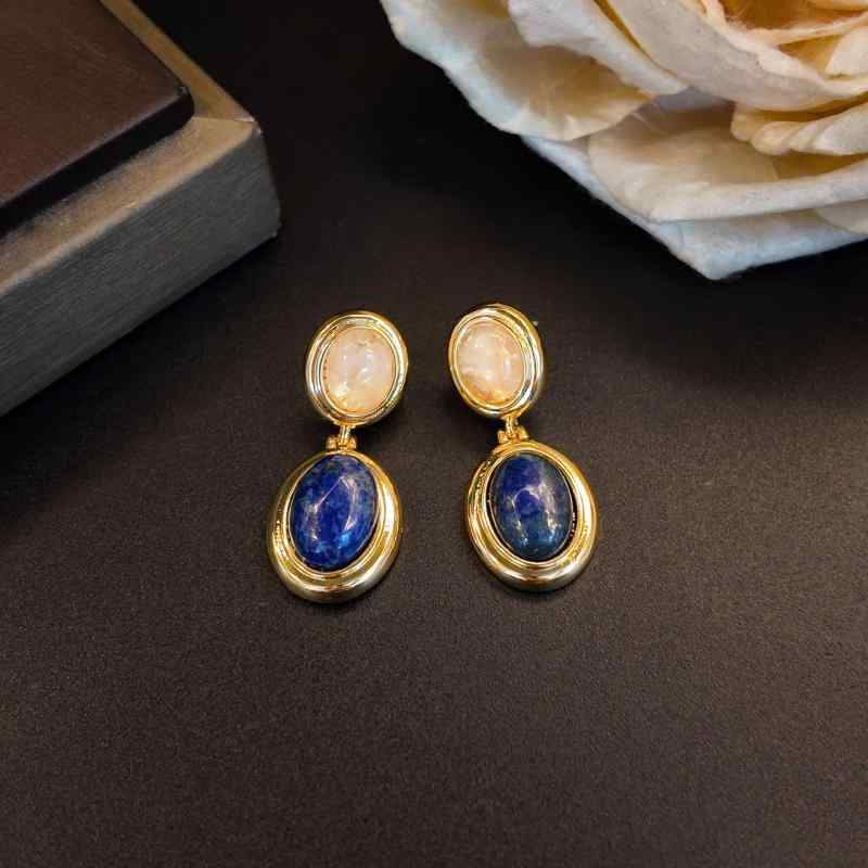 ピアス レディース 女性用 高級感 白水晶 ラピスラズリ 楕円 幾何学模様 レトロ ファッション 通勤 小さめ アクセサリー