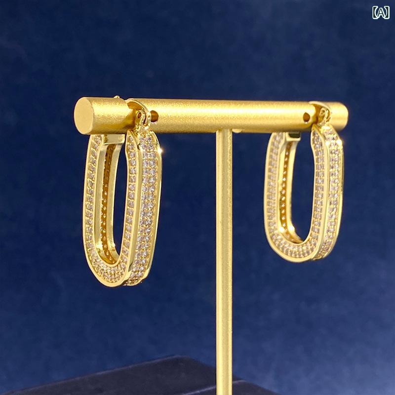 ソファポテトのピアス レディース U形 満点ジルコニア 幾何学模様 高品質 チタン製 軽 Luxury 気質 シンプル イヤーアクセサリー｜アングル2