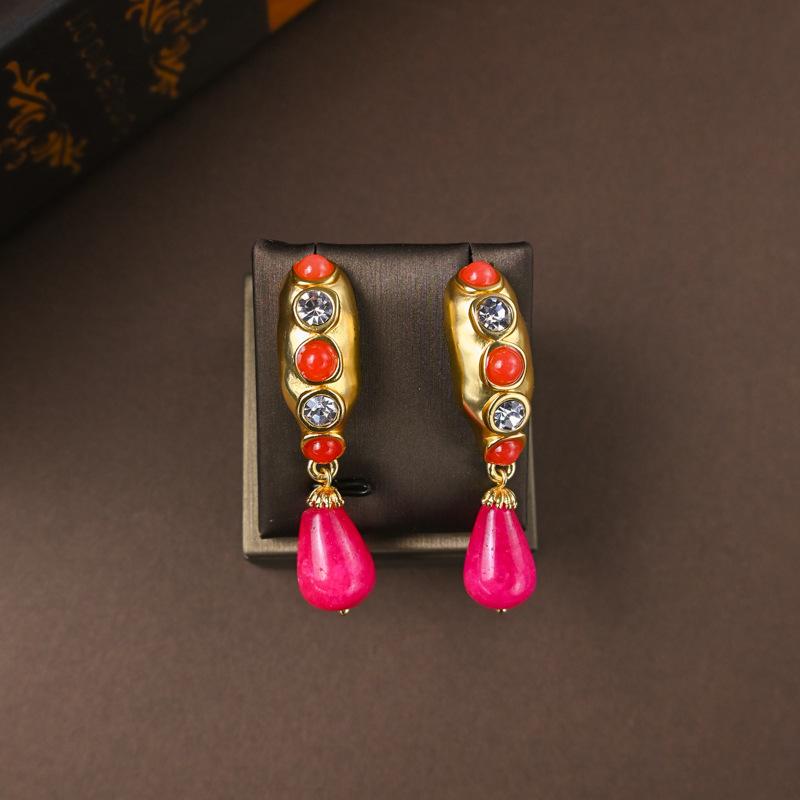 ピアス レディース 高級感 ジルコニア ローズピンク 天然石 不規則 ロング レトロ 秋冬 イヤリング