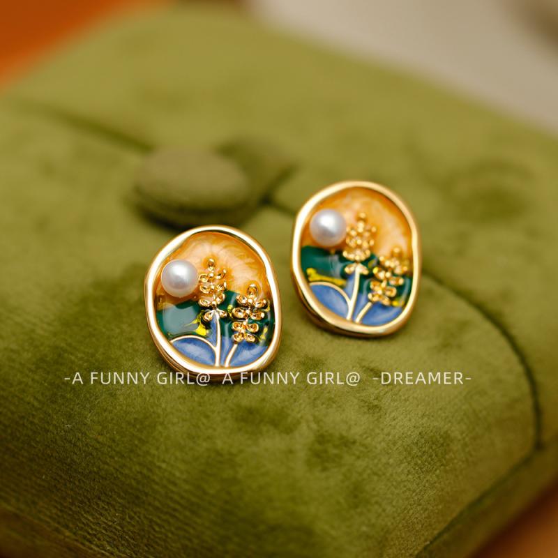 イヤリング レディース 18K 金 エナメル ドロップ オイル ジルコニア 新中式デザイン パール おしゃれ かわいい 気質 百搭