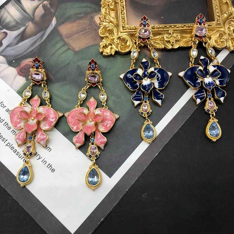 イヤリング レディース ピンク系 ブルー ドロップ 花柄 ジルコニア ドロップショルダー ロング 2色展開