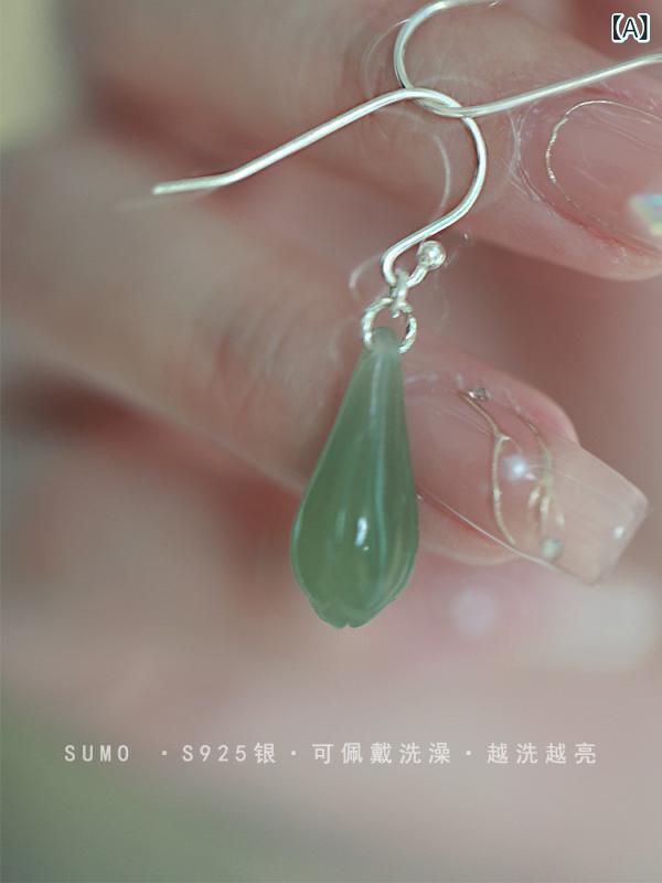 イヤリング レディース S925 シルバー 天然和田玉 ラン 蘭の花 レトロ 中国風 文芸的 かわいい 手作り