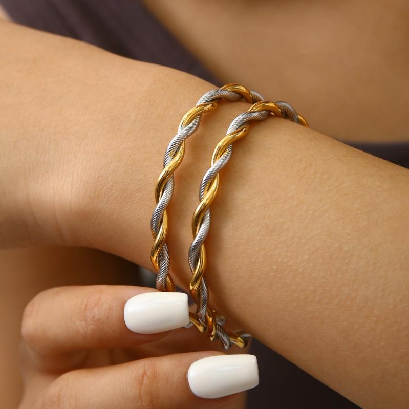 ブレスレット レディース ステンレス 電気メッキ加工 18K 金 麻花模様 ファッション アクセサリー 個性的 シンプル 手環2