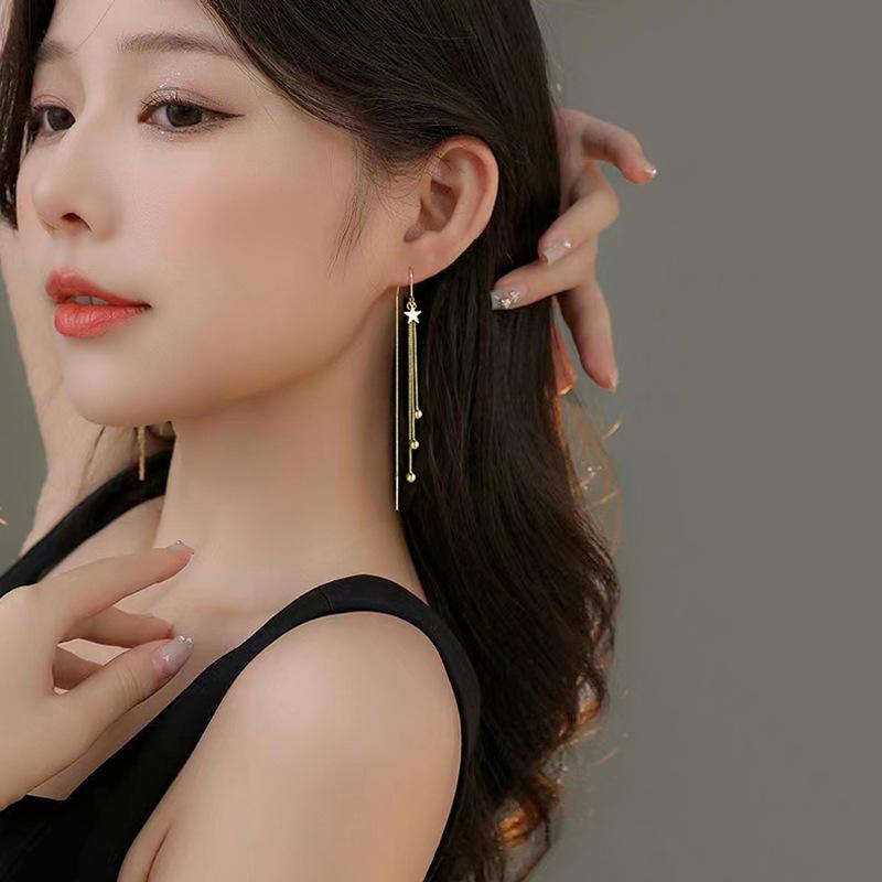 Turquoise - ピアス レディース シルバー925 スター 星 モチーフ タッセル イヤリング 小さめ 高級感 インフルエンサー 人気 アクセサリー おしゃれ かわいい 気質 小顔効果 華奢見え ロングチェーン ドロップピアス