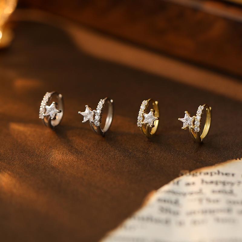Dine Al - ピアス レディース 韓国風 星形 ジルコニア S925 シルバー 925 銀 アレルギー対応 フープピアス リングピアス 電気メッキ加工 軽奢 百搭 かわいい