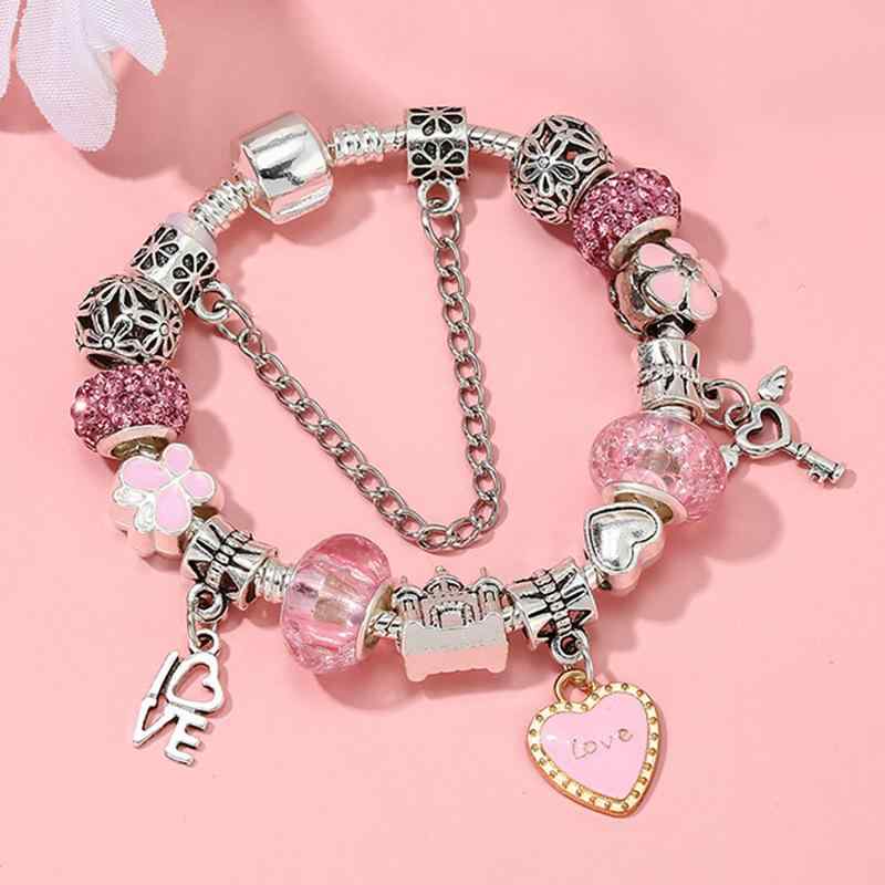 ブレスレット レディース ピンク系 DIY 水晶 ビーズ チャーム ジュエリー 古銀色 ラッキーアイテム