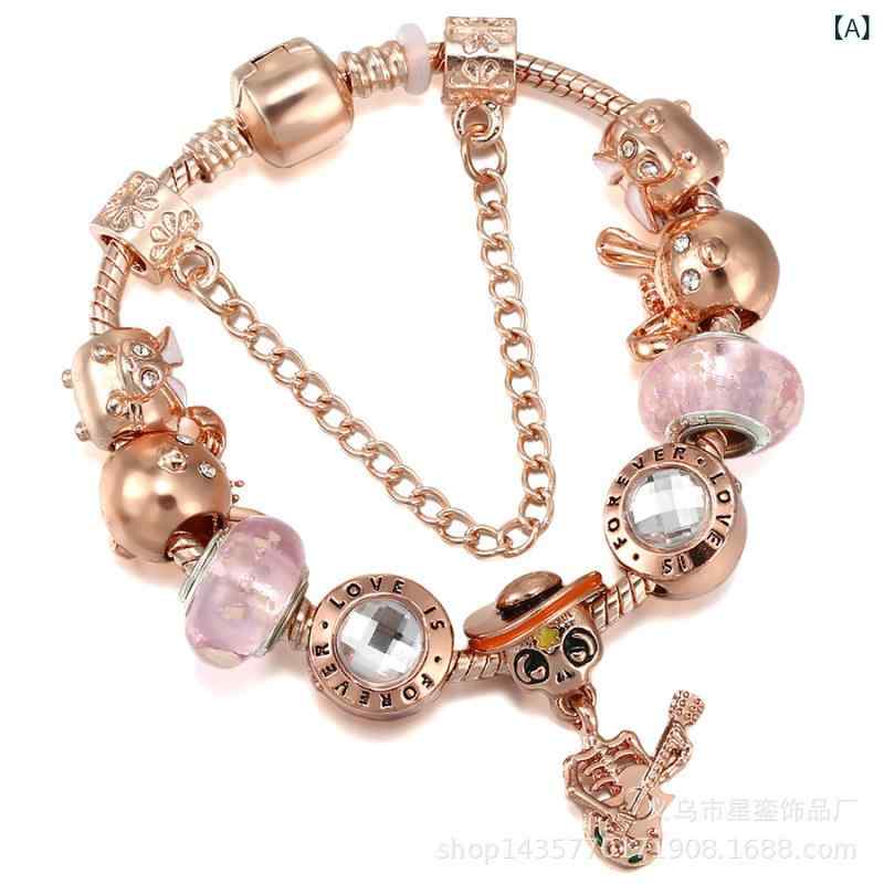 ブレスレット レディース 男性用 DIY ピンク系 水晶 ウサギ スカル ギター チャーム2
