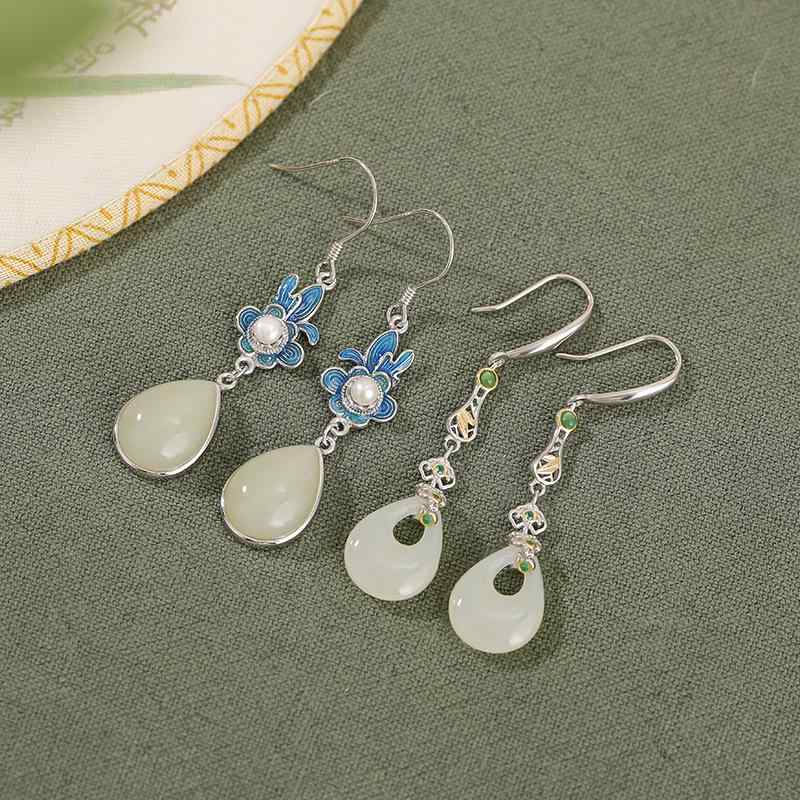 イヤリング レディース S925 シルバー 和田玉 天然石 レトロ チャイナ風 ロング ドロップ 揺れる 大人かわいい 上品 エレガント アクセサリー ジュエリー