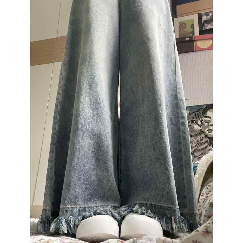 Rakuten - デニム レディース デニムパンツ ジーンズ 春秋 ハイウエスト ワイドレッグ ゆったり感 フリンジ加工 裾フリンジ 体型カバー 美脚効果 リラックス ルーズフィット イージーパンツ
