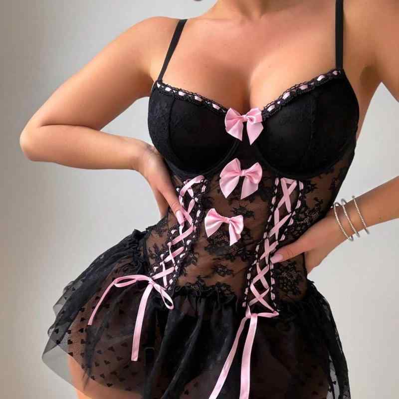 ランジェリー レディース 女性用 セクシー レース 吊り下げ 聚拢 連体 绑带 蝶結び 透け感 誘惑 かわい..