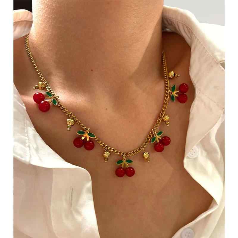 Heart - ネックレス レディース 鎖骨チェーン ステンレス 調整可能 レッド アクリル かわいい チェリー ペンダント