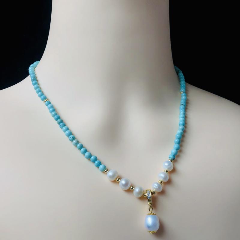 ネックレス レディース 淡水パール ターコイズ風 ビーズ ショートネックレス 小さめ シンプル かわいい 鎖骨 春夏