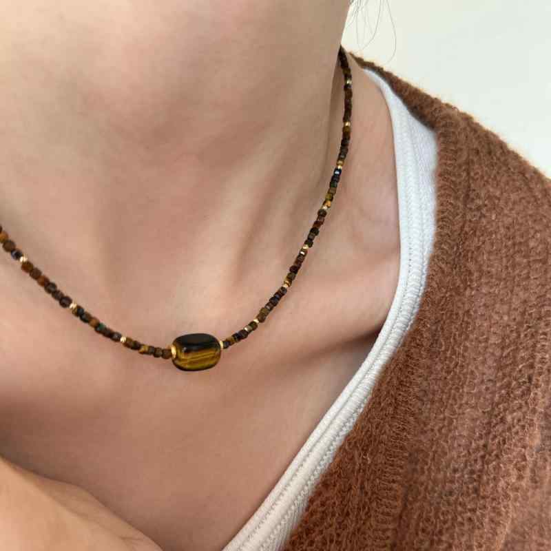 Yellow - ネックレス レディース 虎眼石 ビーズ 小さめ ペンダント 重ね付け チョーカー レトロ 高級感 アレルギー対応