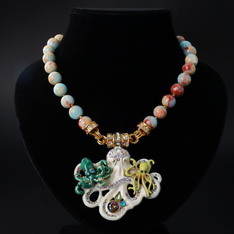 ネックレス レディース 磁気ブローチ付き 珐琅 エナメル タコ ペンダント トップ ジルコニア レトロ ヴィンテージ風 手作り ショールピン