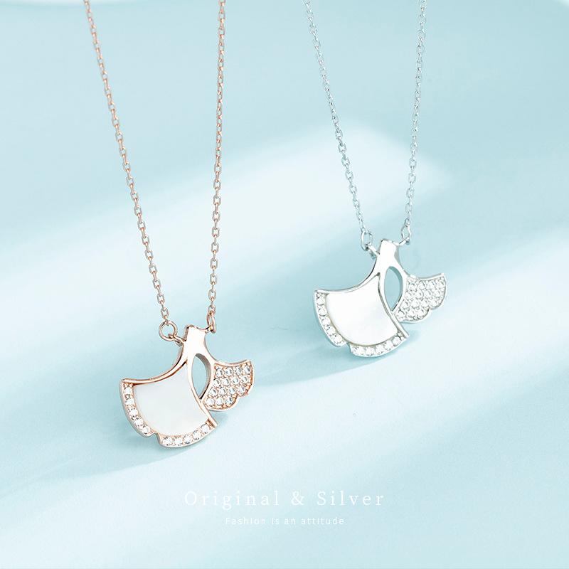 Pearl White - ネックレス レディース シルバー925 ファッション 母貝 ジルコニア 杏の葉 ペンダント チョーカー 小ロット卸売り 銀飾