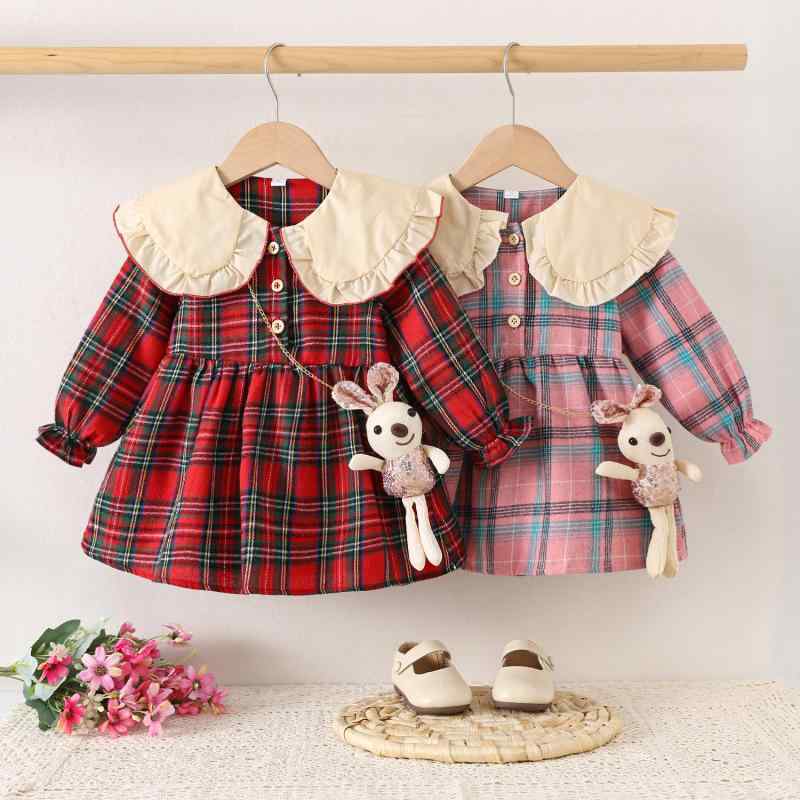子供服 女の子 長袖シャツ ワンピース 春秋 チェック柄 チュニック 小さなウサギ飾り付き