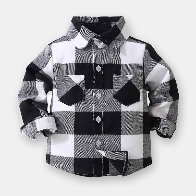 シャツ 子供服 男の子 長袖 コットン 大格子柄 春秋・適用性別: 男・適合年齢層: 中小童(3~8歳，100~140cm)・実写画像: モデルなし・スタイル: 百搭・襟型: 翻領・生地加工: 柔らかい・袖丈: 長袖・柄: 格子・おすすめ季節: 春、秋・要素: 格子・生地名称: 綿・主要生地成分: 綿・主要生地成分含有量: 100%・安全レベル: B類・色: 黒白格子, 红黒格子・推奨身長: 80cm, 90cm, 100cm, 110cm, 120cm・製品カテゴリ: 子供用シャツ