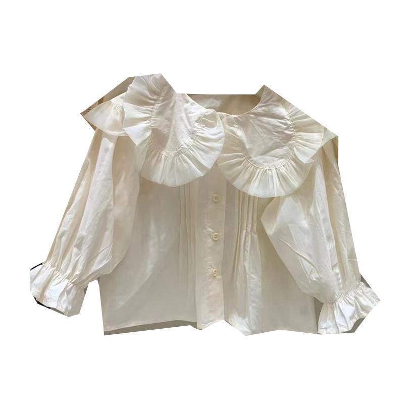 子供服 ガールズ 春秋 シャツ ブラウス 長袖 娃娃襟 無地 おしゃれ かわいい トップス