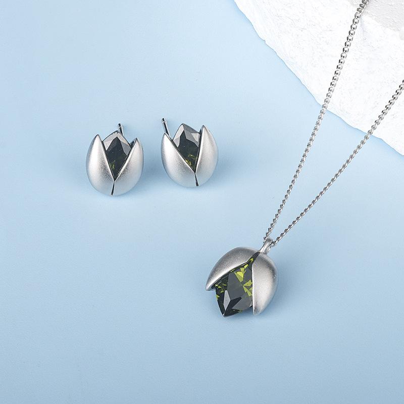 Garnet - ネックレス レディース S925 シルバー ペンダント 緑 オリーブ ジルコニア 鎖骨 韓国風 シンプル ファッション アクセサリー かわいい