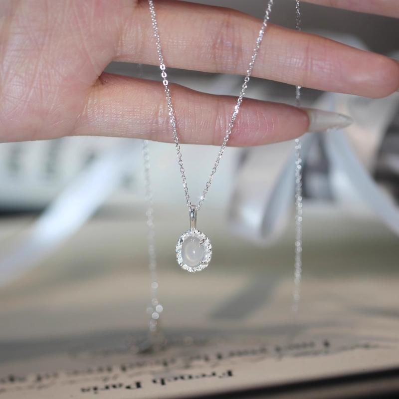 白 - ネックレス レディース シルバー925 ジルコニア 白玉髄 ペンダント 楕円 鎖骨チェーン シンプル かわいい おしゃれ エレガント