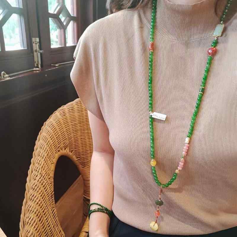 Mandarin - ネックレス レディース 秋冬 天然石 グリーン瑪瑙 ジェイド ロングネックレス ペンダント エレガント 新中式スタイル 軽奢 上品 アクセサリー