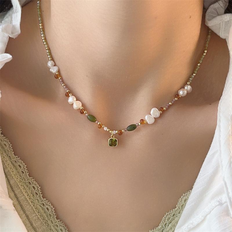 ネックレス レディース バロックパール 淡水パール 天然石 オリーブストーン 水晶 ビーズ チョーカー 上品 かわいい おしゃれ