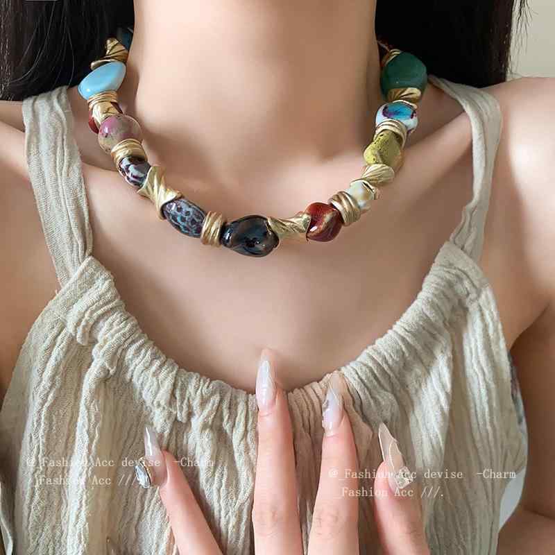 ネックレス レディース 花柄 セラミック ラウンド 民族風 レトロ アンティーク ヴィンテージ デザイン チョーカー アクセサリー ペンダント おしゃれ かわいい ギフト プレゼント(4.0)