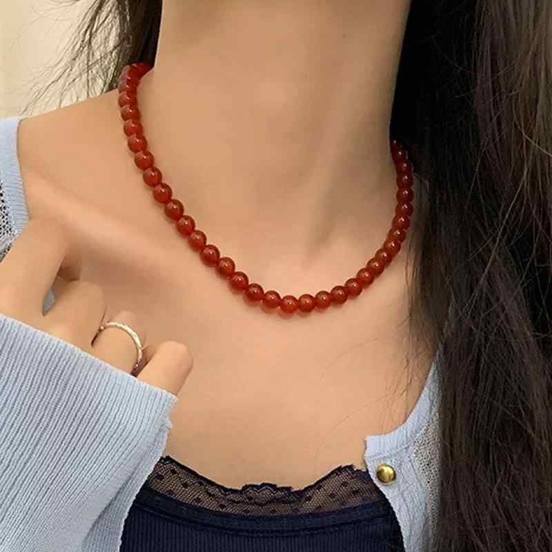 ネックレス レディース シルバー925 レッド瑪瑙 赤瑪瑙 瑪瑙 ビーズ 高級感 レトロ 鎖骨チェーン インフルエンサー