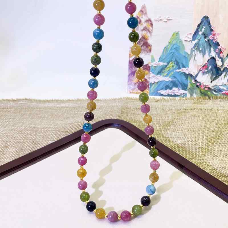 ネックレス レディース 天然石 カラフル トルマリン ビーズ 新しい中国スタイル 小さめ 個性的 気質 鎖骨 ジュエリー アクセサリー