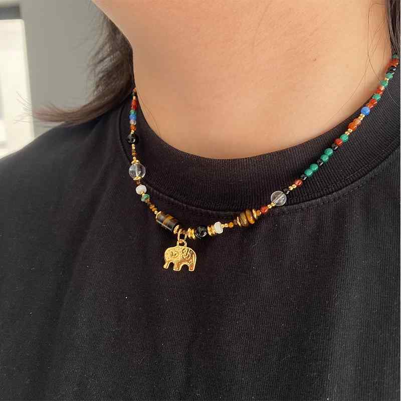Coral Pink - ネックレス レディース 虎眼石 水晶 カラフル 天然石 ビーズ 小象 モチーフ チョーカー レトロ かわいい 多巴胺 ドパミン 上品 電気メッキ加工 パーティー お呼ばれ