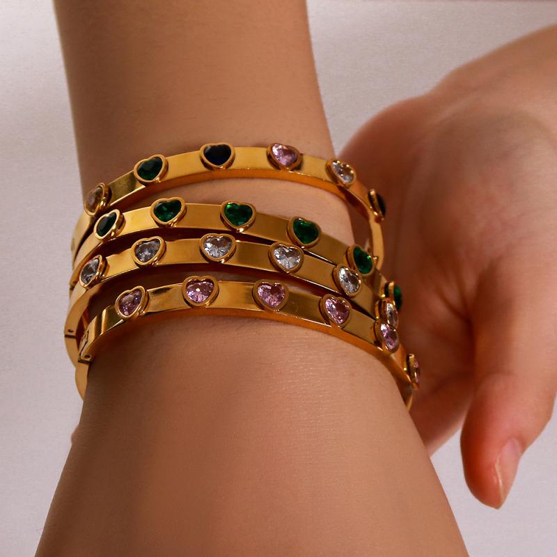 White Coral - ブレスレット レディース 女性用 ステンレス 18k 金メッキ 桃 ジルコニア ハート バングル レトロ ヴィンテージ かわいい おしゃれ
