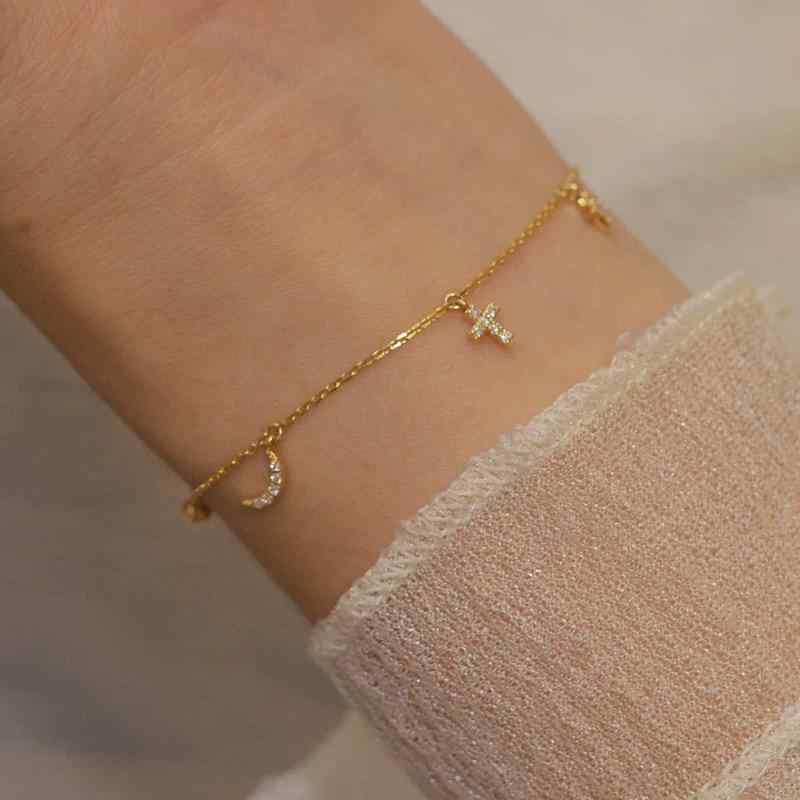 Pink - ブレスレット レディース S925 シルバー 14K 金メッキ 星 月 十字架 高級感 手飾り 小さめ かわいい 上品 アクセサリー