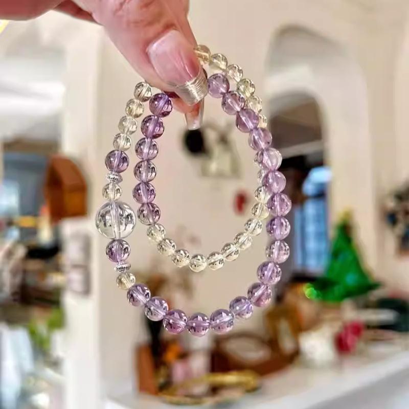 ブレスレット レディース 高級感 天然石 紫水晶 黄水晶 ダブル サークル 上品 手飾り 手元 華やか ギフト プレゼント