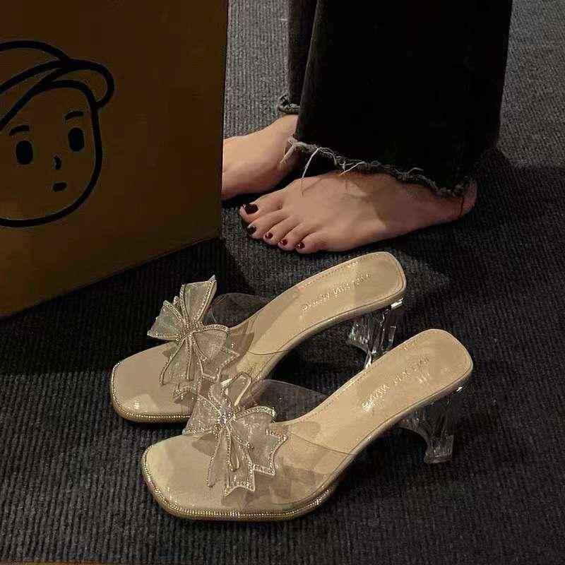 サンダル レディース 春夏 スクエアトゥ 太ヒール ハイヒール クリスタル 仙女風 ミュール スリッパ 外履き 普段使い かわいい お洒落