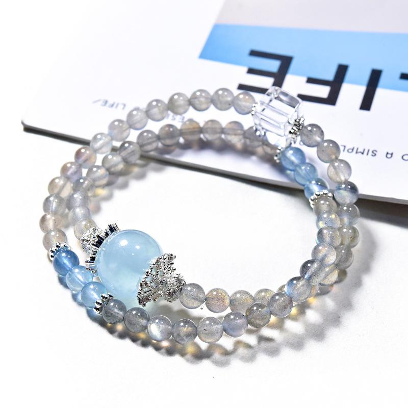 Pearl White - ブレスレット レディース 天然石 ムーンストーン 水晶 ダブル 2連 シルバー 小さめ 細め アクセサリー ジュエリー 手作り ハンドメイド 腕飾り ギフト プレゼント