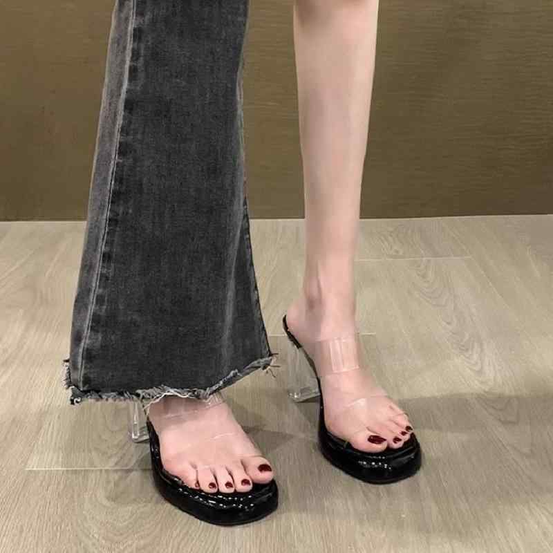 サンダル レディース 春夏 透明 ストラップ 防水 厚底 サンダル ミュール クリア ヒール 太めヒール ハイヒール かわいい きれいめ お洒落