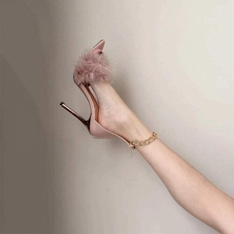 サンダル レディース ファー付き ハイヒール メタルチェーン飾り ストラップ付き ピンヒール ファッション 春夏