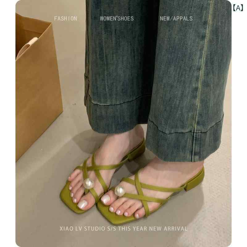 サンダル レディース 大きいサイズ 新中式 太ヒール パール チャンキーヒール 外履き かわいい