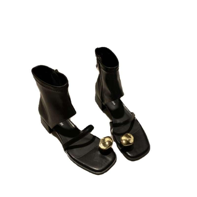 サンダル レディース 黒 スクエアトゥ 太ヒール サマーブーツ 穴あき サイドジップ オープントゥ ショートブーツ