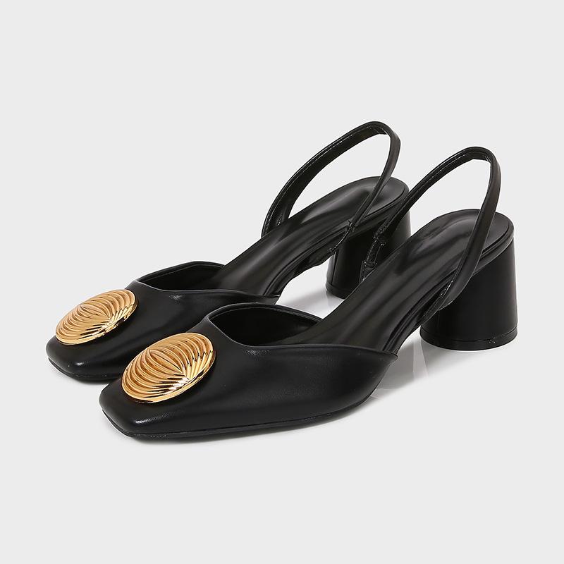 サンダル レディース 羊革 ミュール スクエアトゥ 太ヒール ブラック デコレーション飾り 露跟 きれいめ 上品 エレガント コンフォート..