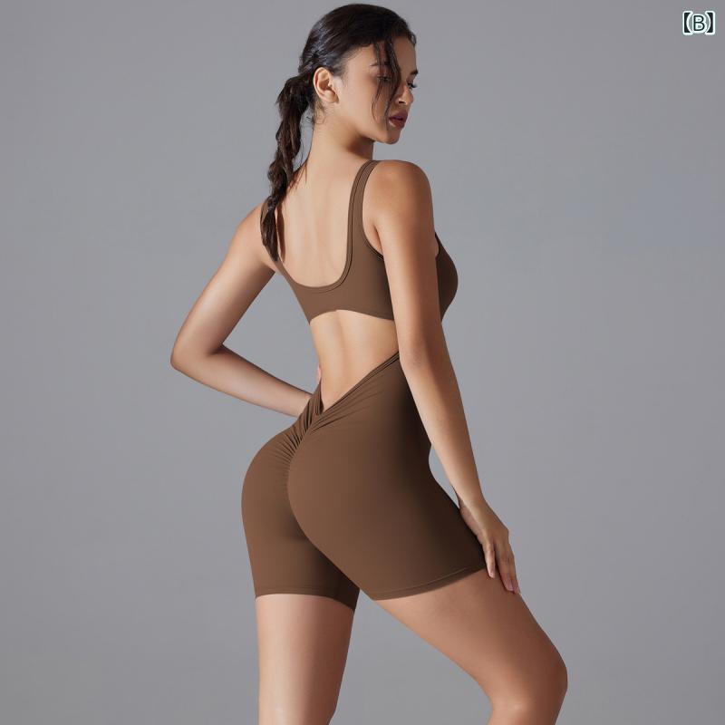 ヨガウェア レディース Vネック オールインワン ショートパンツ 収腹 タイト 美背 ...