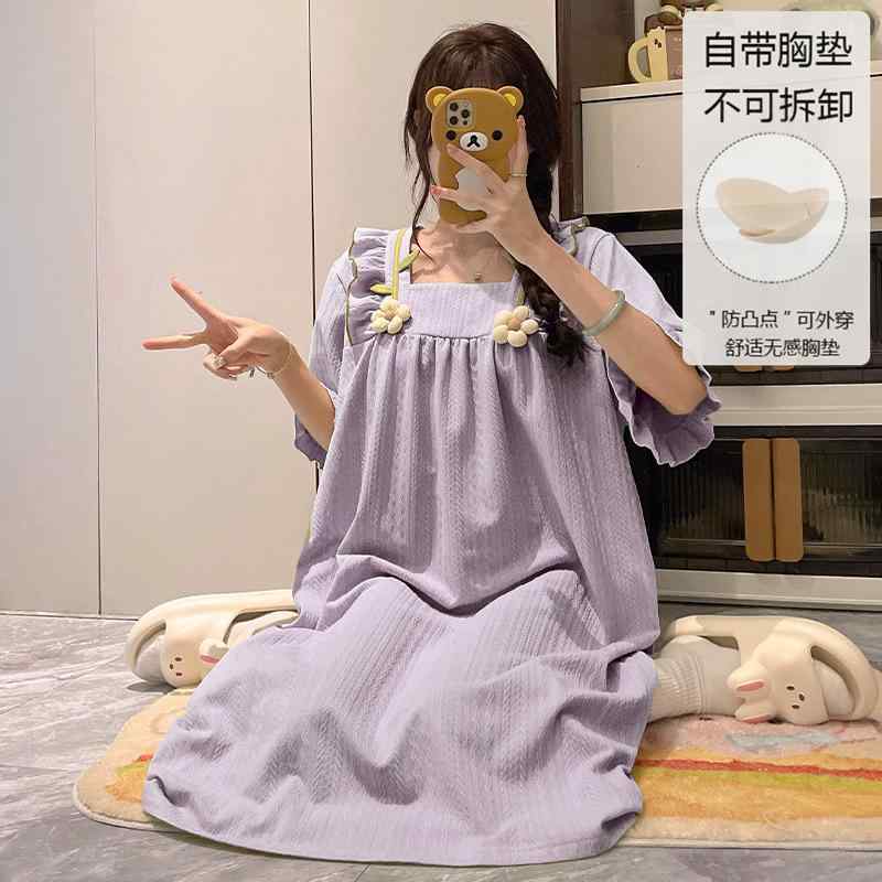 ワンピース レディース パジャマ 春夏 半袖 プリンセス風 膝丈 綿 かわいい ルームウェア 接触冷感 薄手 パープル系