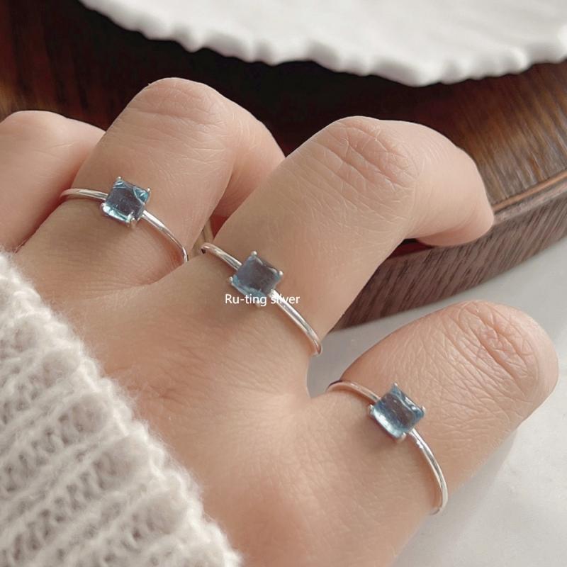 指輪 S925 銀 幾何学 方糖 アクアマリン 水晶 小さめ かわいい シンプル 上品 オープンリング