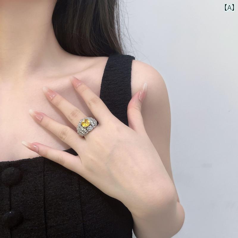指輪 レディース 高炭素 リング 黄色 イエロー ジルコニア 冷淡風 豪華感 電気メッキ加工 氷花 カット 上品 ジュエリー アクセサリー