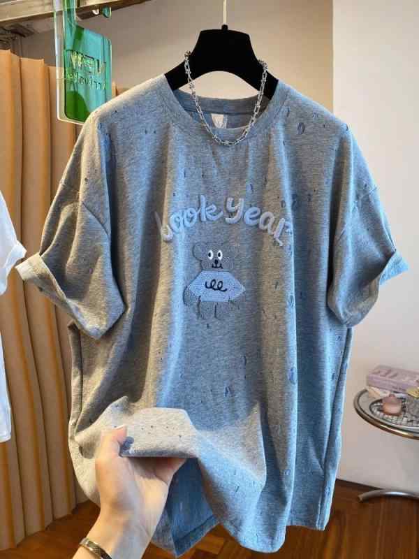 Tシャツ レディース 半袖 高級感 小熊 刺繍 ダメージ加工 ゆったり トップス 普段使い かわいい リラックス ルームウェア