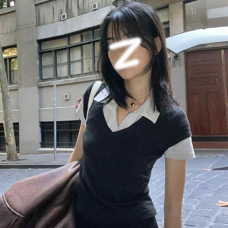 乐天商城 - Tシャツ レディース 半袖 韓国風 モダール 天猫 抖音 ポロ襟 切り替え ドッキング風 トップス 接触冷感